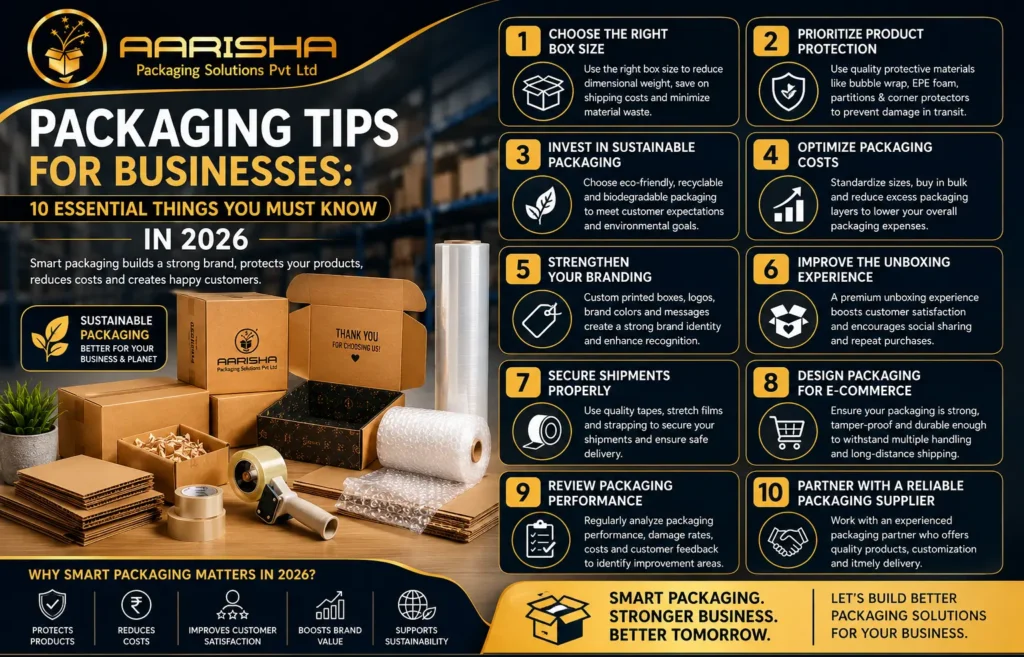 Packaging tips for businesses featuring corrugated boxes, sustainable packaging, protective packaging materials, logistics optimization, and modern packaging solutions for manufacturers, retailers, and e-commerce businesses