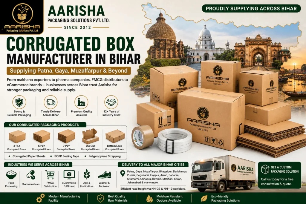 Corrugated Box Manufacturer in Bihar – Aarisha Packaging supplying 3 ply, 5 ply and 7 ply corrugated boxes to Patna, Gaya, Muzaffarpur and all major Bihar cities