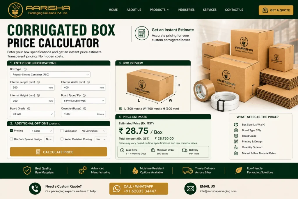 Corrugated Box Price Calculator – Aarisha Packaging instant price estimate tool for 3 ply, 5 ply and 7 ply corrugated boxes with dimensions, board grade and quantity input