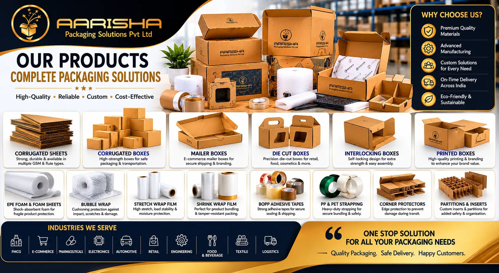 Aarisha Packaging product range showcasing corrugated boxes, mailer boxes, die-cut boxes, interlocking boxes, EPE foam, bubble wrap, stretch wrap films, shrink wrap films, BOPP tapes, PP and PET strapping, and industrial packaging materials.