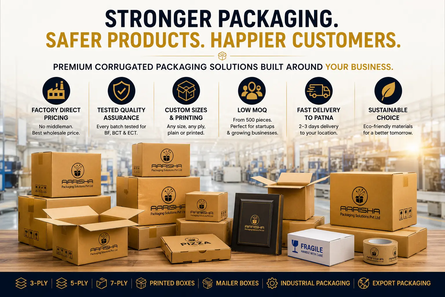 Premium corrugated packaging boxes by Aarisha Packaging featuring 3 ply, 5 ply, 7 ply carton boxes, mailer boxes and industrial packaging solutions for Bihar businesses
