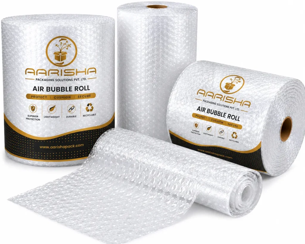 Aarisha Air Bubble Roll packaging material featuring large and small bubble wrap rolls with an unrolled sheet, designed for cushioning, product protection, and safe shipping.