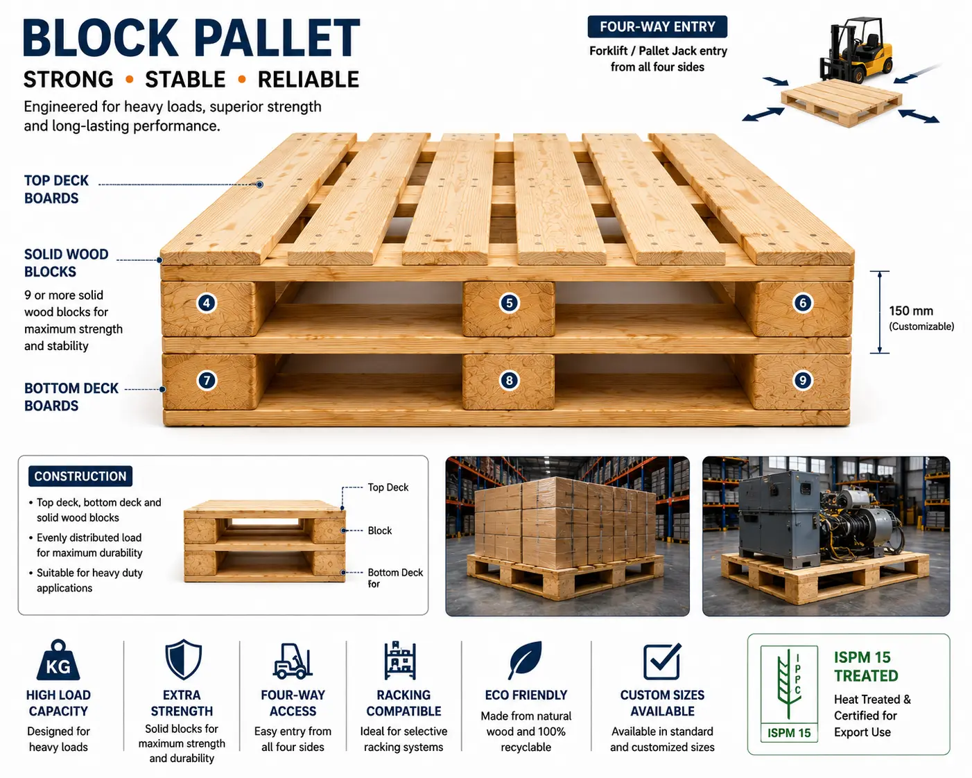 Block pallet infographic showing solid wood block construction, four-way forklift access, load distribution structure, and heavy-duty industrial packaging applications.