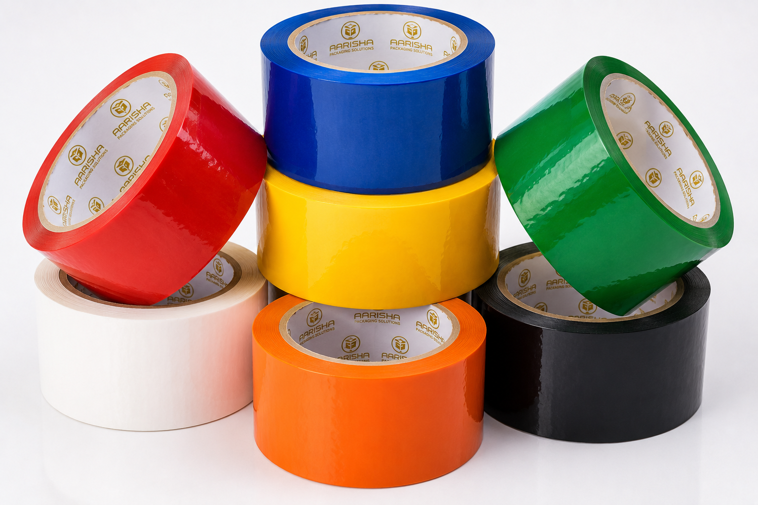 Colored BOPP tape rolls in red, blue, green, yellow, orange, white, and black colours for carton sealing, inventory identification, warehouse management, and industrial packaging applications.