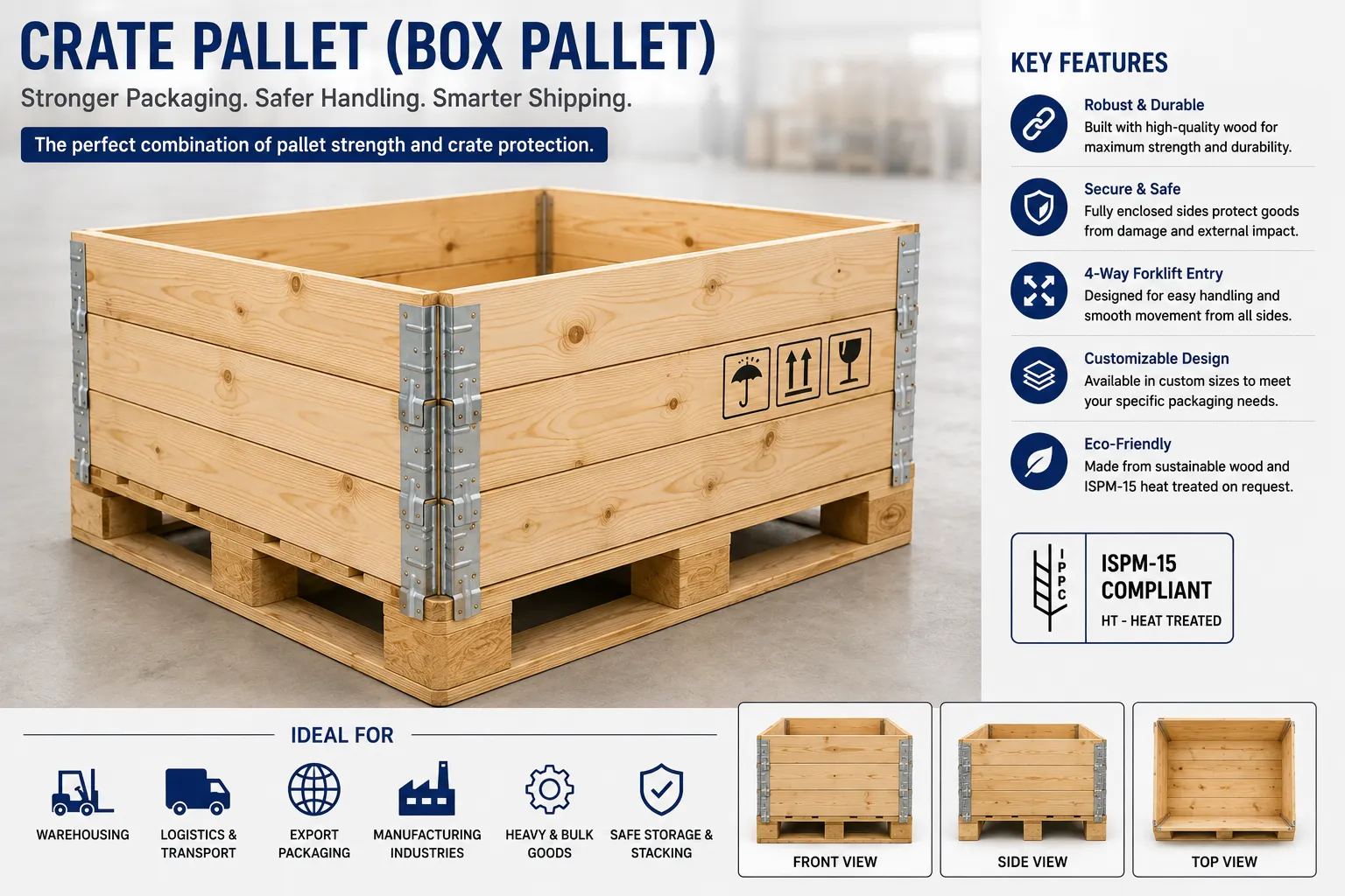 Crate pallet (box pallet) with reinforced wooden side panels and pallet base, designed for secure storage, export packaging, heavy machinery transportation, and industrial material handling.
