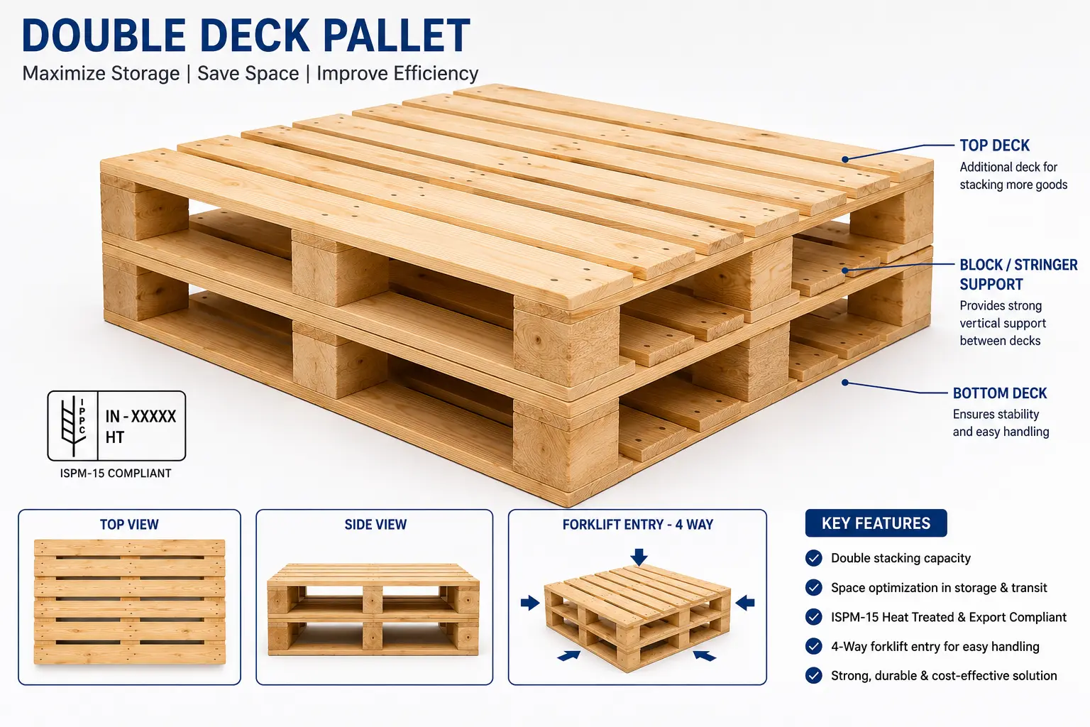 Double deck wooden pallet with top and bottom deck boards, designed for heavy-duty storage, warehousing, export packaging, and industrial material handling applications.