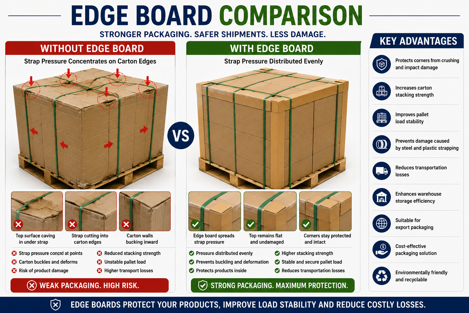 Side-by-side comparison showing palletized cartons without edge boards suffering strap pressure damage, inward buckling, and carton deformation versus cartons protected with edge boards maintaining shape, stability, and load integrity.