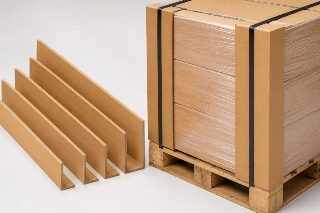 Heavy-duty kraft paper edge guards (angle boards) protecting the corners of a strapped palletized load, with multiple sizes of V-shaped edge protectors displayed in a professional packaging environment.