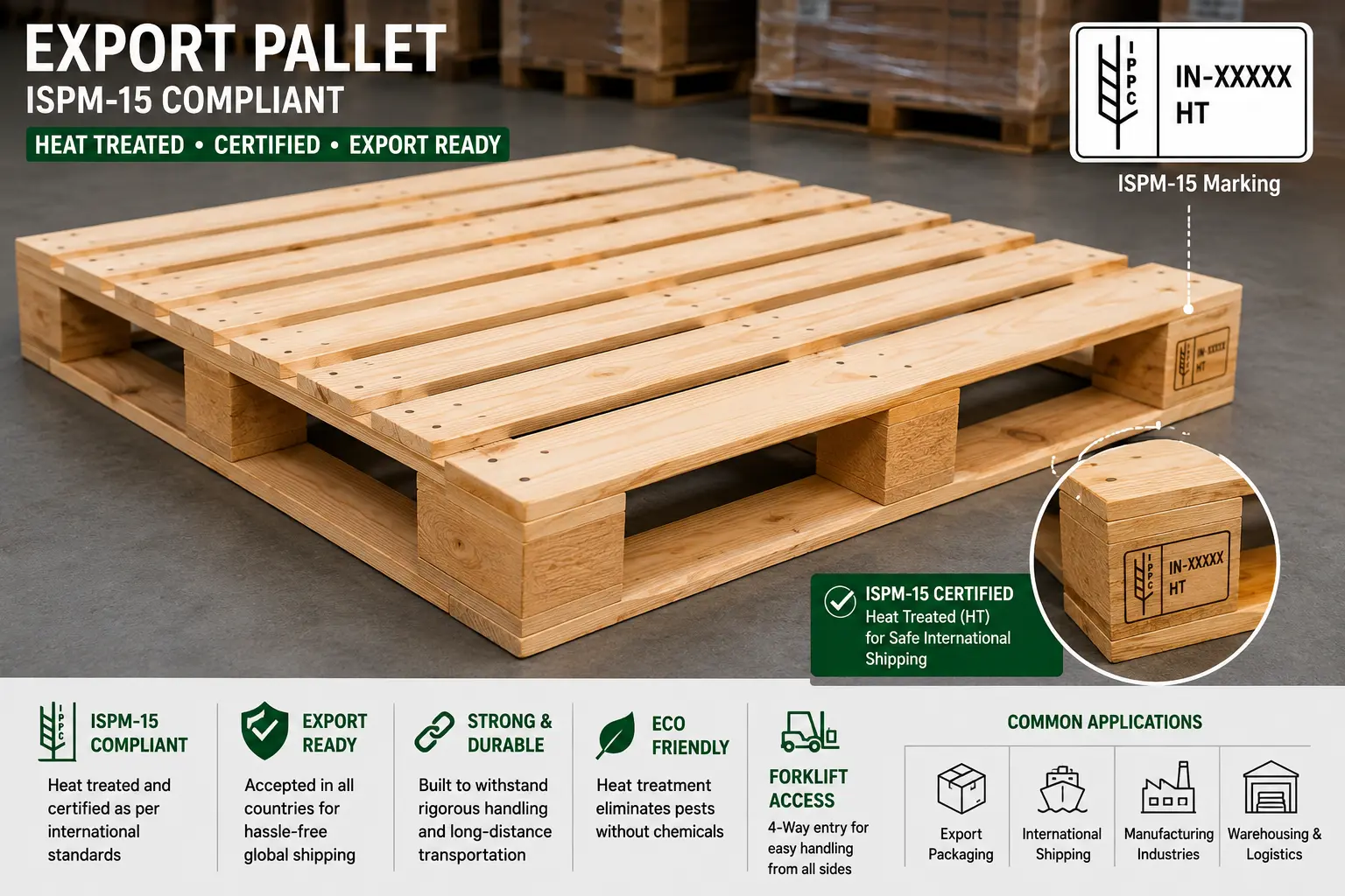 ISPM-15 compliant export wooden pallet with heat-treated certification marking, designed for international shipping, export packaging, warehousing, and global logistics operations.