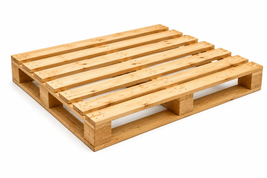 Four-way entry wooden pallet with forklift access from all sides used for warehousing, logistics, industrial packaging, and export shipments.