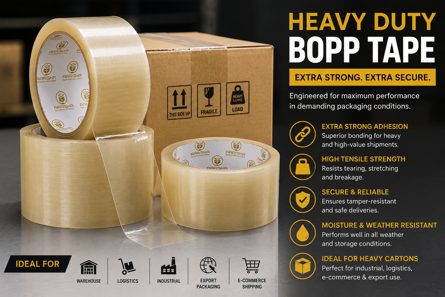 Heavy duty BOPP tape rolls designed for sealing heavy cartons, industrial packaging, export shipments, warehouse operations, and logistics applications requiring extra strength and durability.