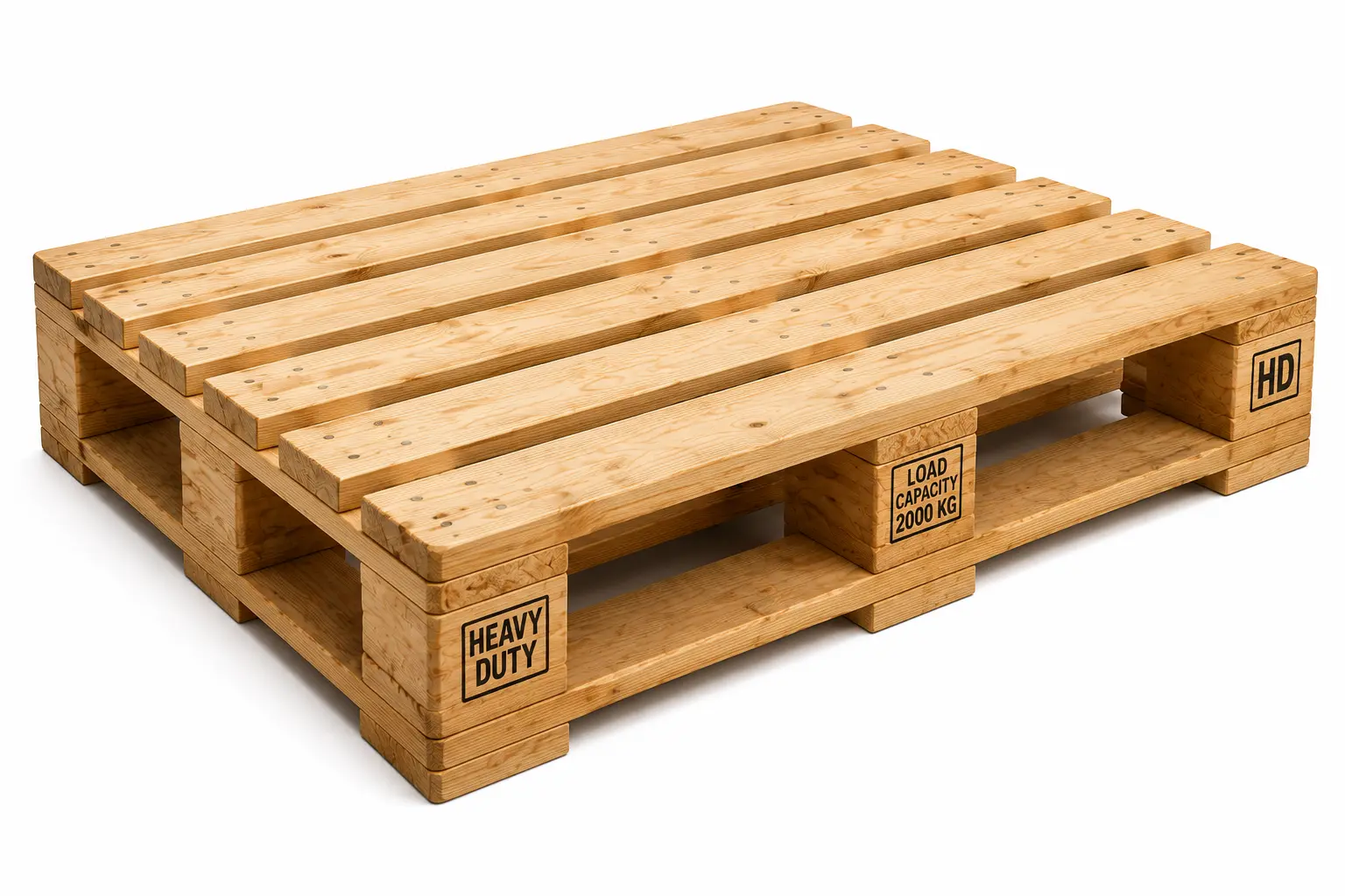 Heavy-duty wooden pallet with reinforced construction and high load-bearing capacity designed for industrial packaging, warehousing, logistics, and machinery transportation.
