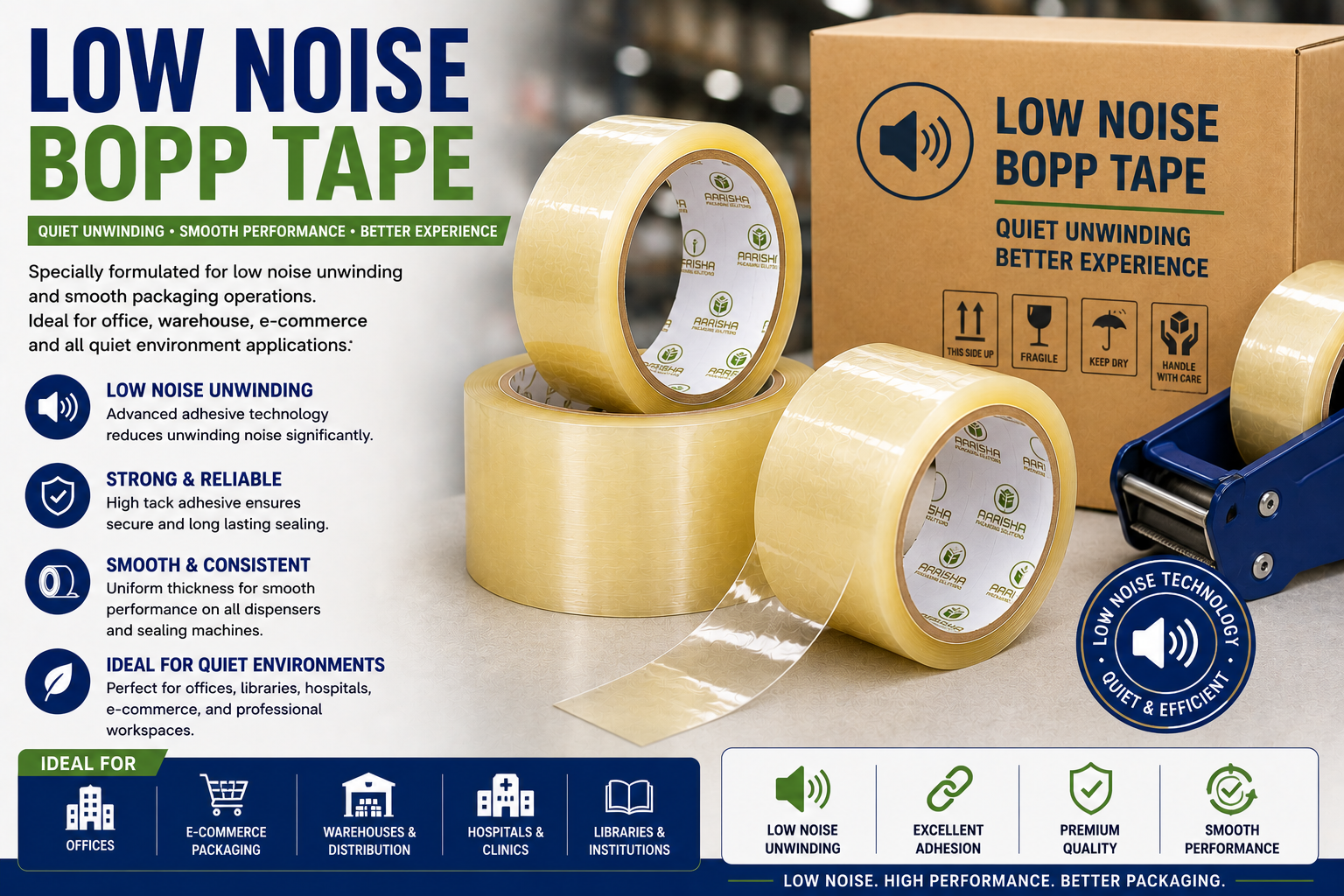 Low noise BOPP tape rolls designed for quiet unwinding, smooth carton sealing, office packaging, ecommerce fulfilment, warehouse operations, and industrial packaging applications.