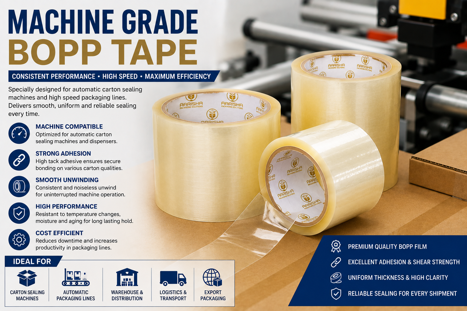 Machine grade BOPP tape rolls designed for automatic carton sealing machines, high-speed packaging lines, warehouse automation, logistics operations, and industrial packaging applications.
