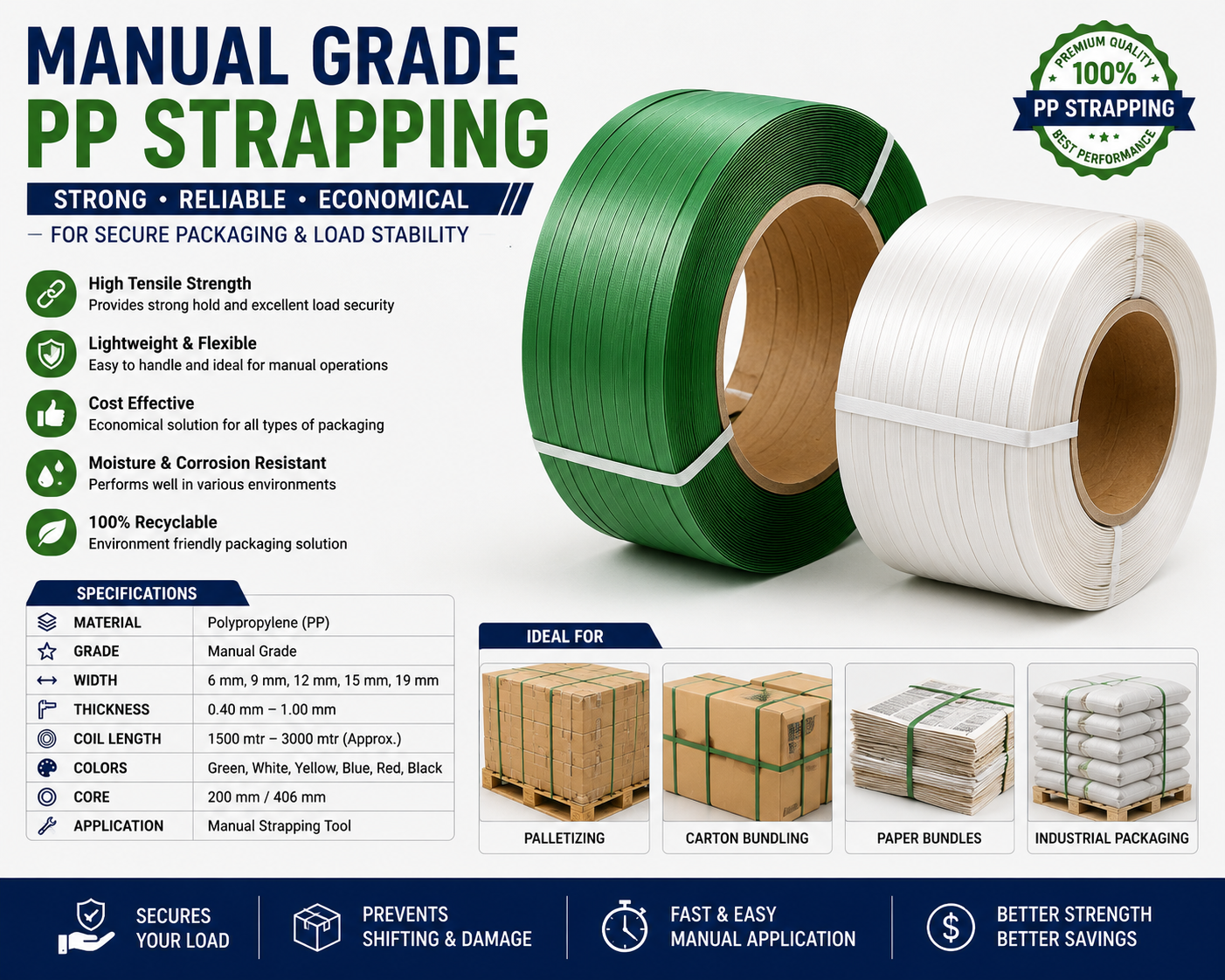 Manual grade polypropylene PP strapping rolls used for carton bundling, pallet securing, warehouse packaging, logistics operations, and industrial packaging applications.