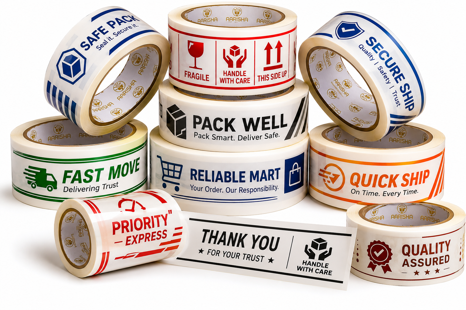 Custom printed BOPP tape rolls with branding, logos, handling instructions, and security messages for carton sealing, ecommerce packaging, logistics, and industrial packaging applications.