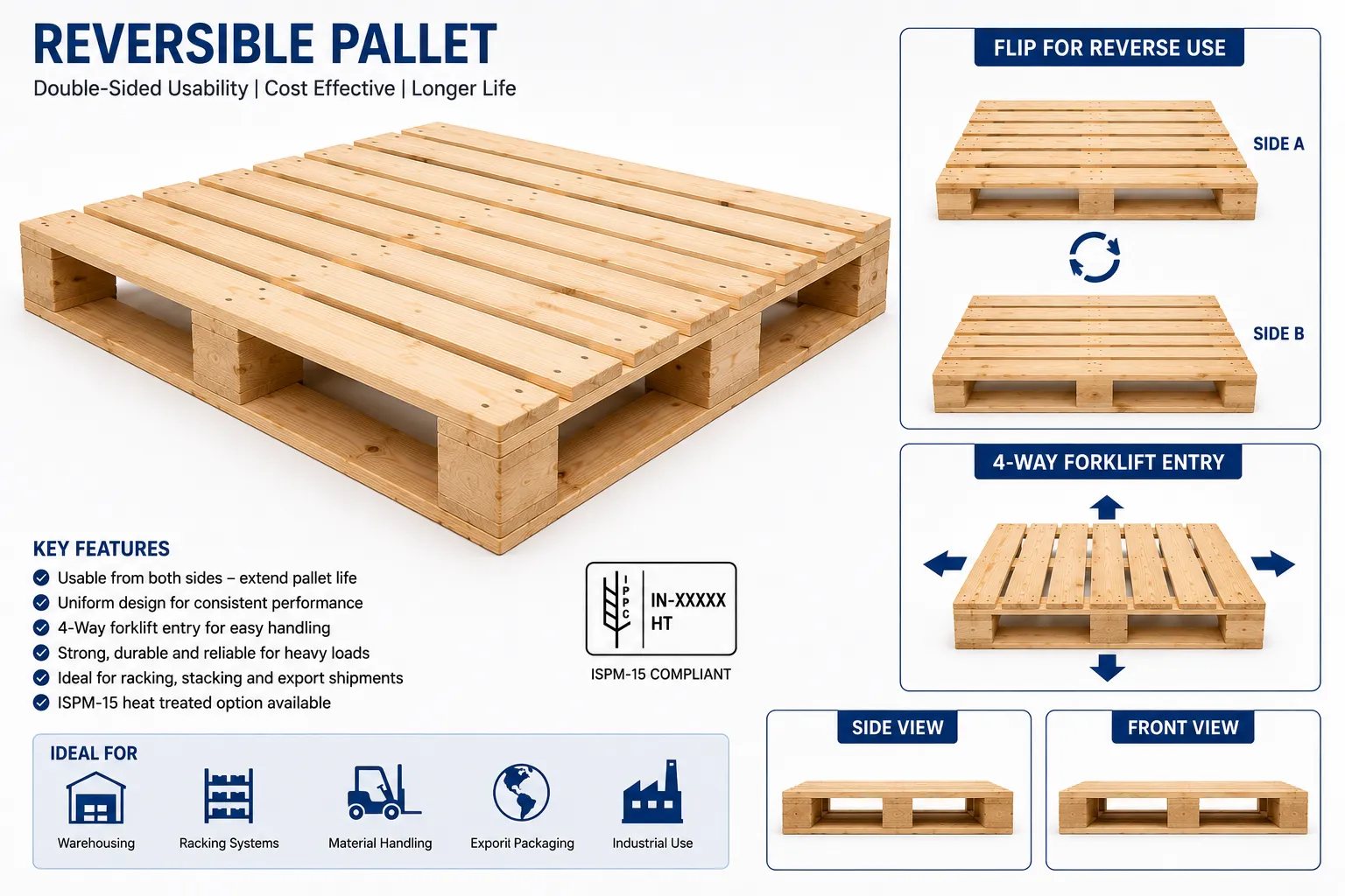 Reversible wooden pallet with identical top and bottom deck construction, allowing use from either side for warehousing, logistics, export packaging, and industrial material handling.