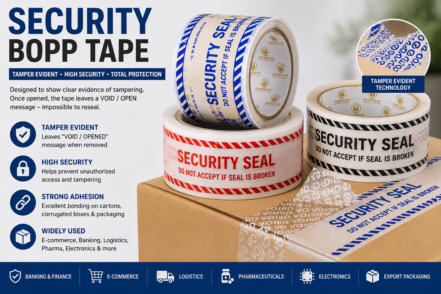 Security BOPP tape rolls with tamper-evident printing and security seal markings used for secure packaging, carton sealing, logistics, ecommerce, pharmaceutical, and high-value shipments.