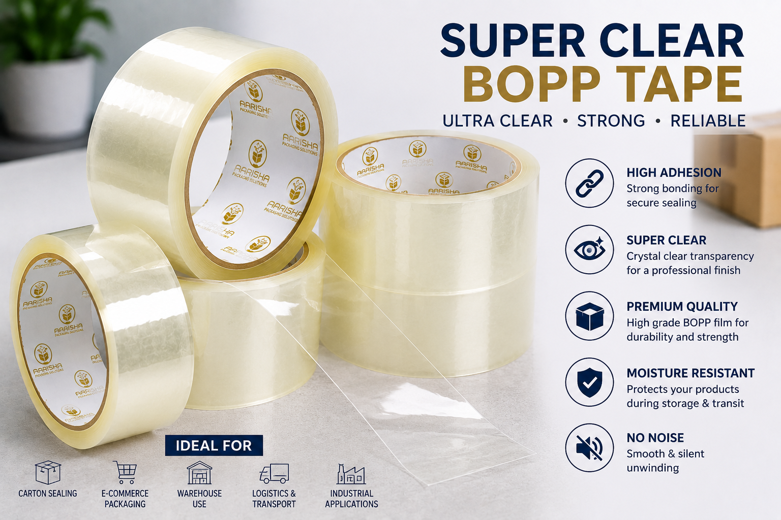 Super clear BOPP tape rolls with crystal-clear transparency for premium carton sealing, retail packaging, ecommerce shipments, and professional packaging applications.