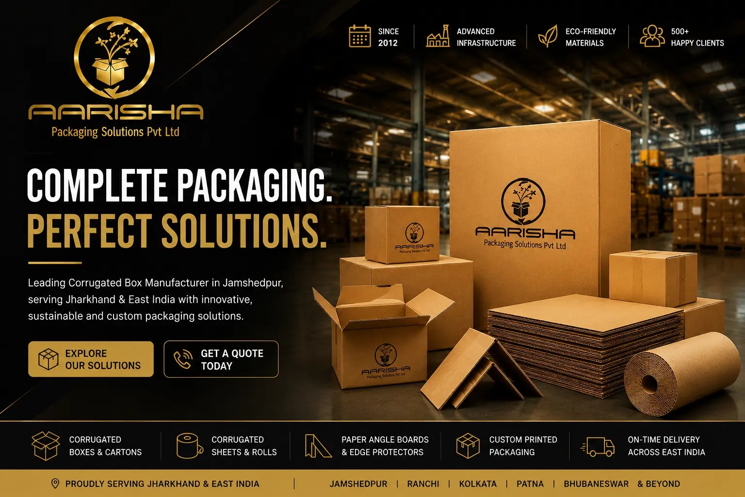 Aarisha Packaging Solutions Pvt Ltd hero banner showcasing corrugated boxes, corrugated sheets, paper angle boards and industrial packaging products with the tagline Strong Packaging for Stronger Partnerships in Jamshedpur, Jharkhand.